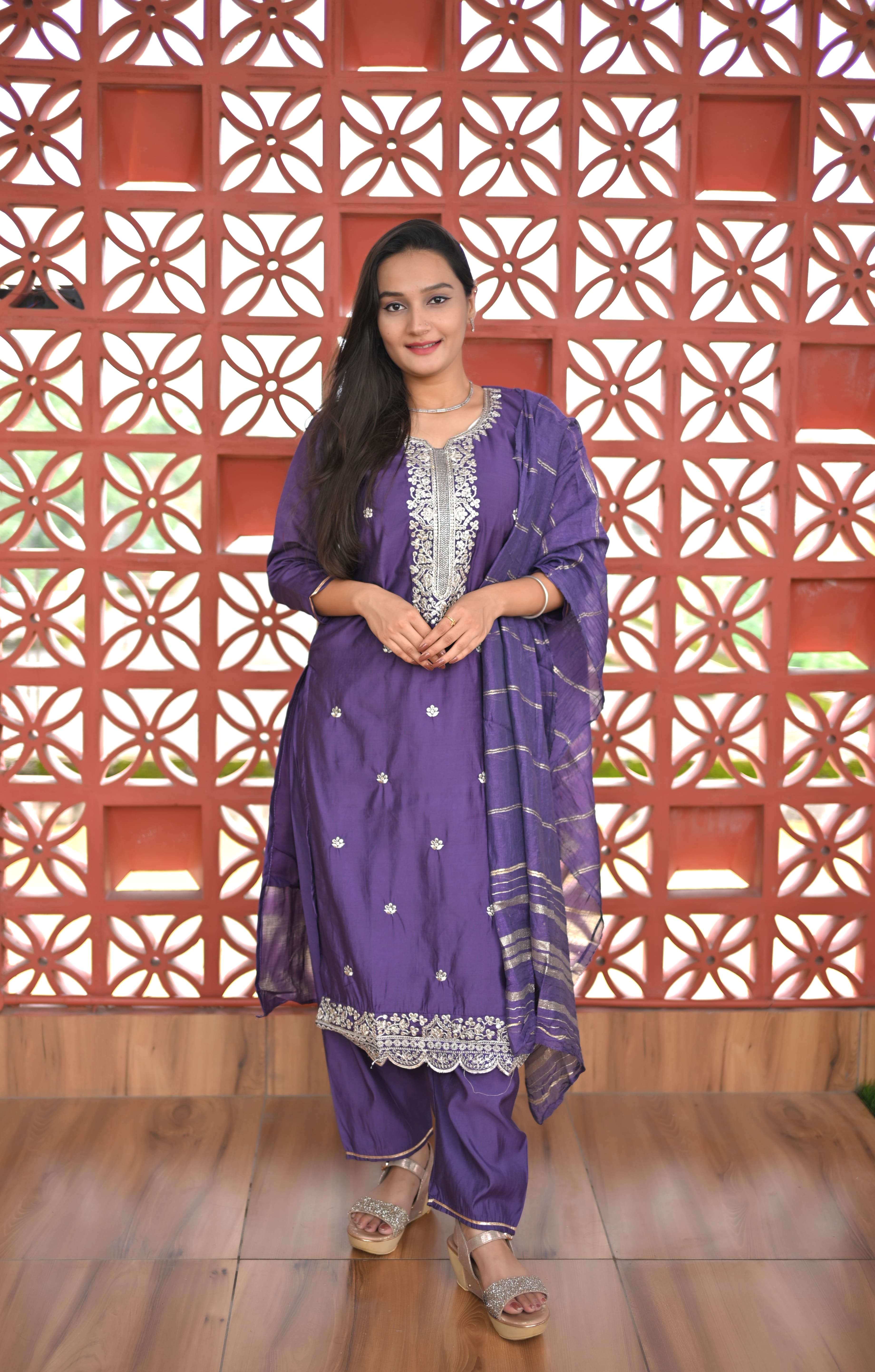 Lavender yoke design kurta set