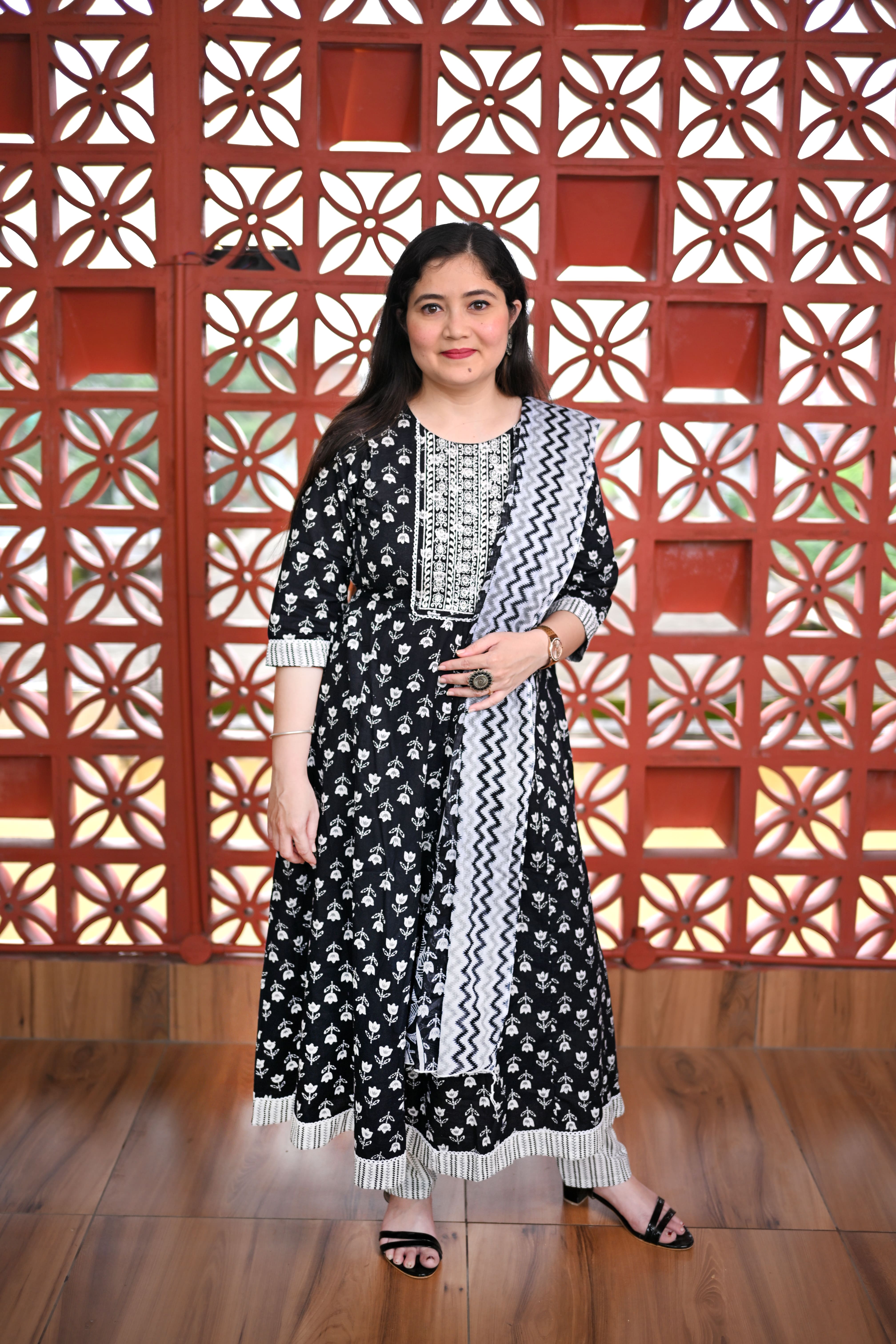 Black pure cotton kurta set with dupatta