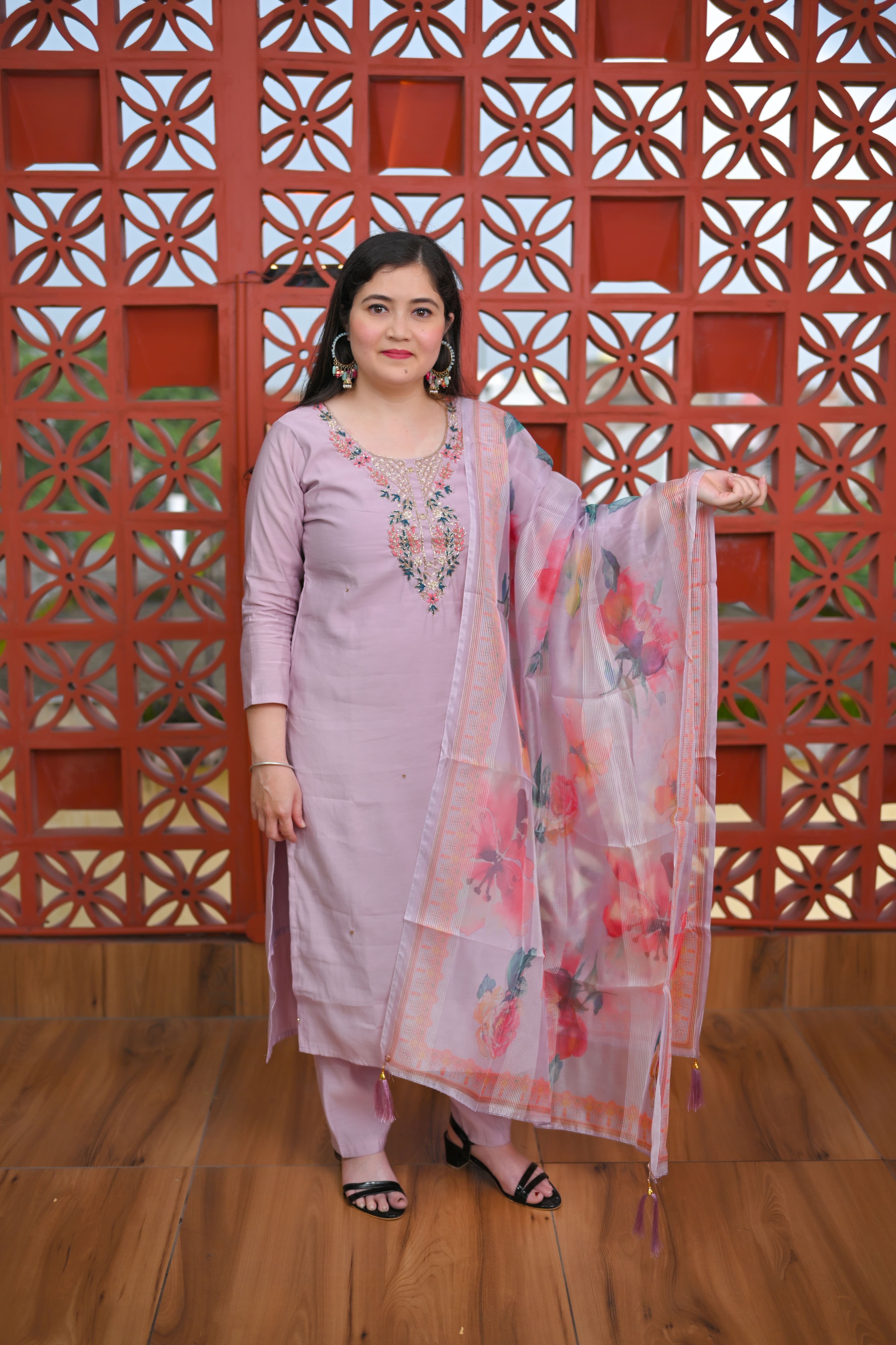 Pink lavender round neck kurta set
