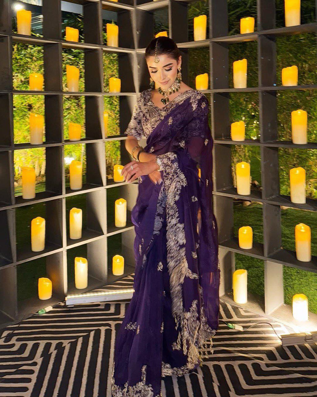 Heavy C-Pallu Sequence Coding Zari Embroidery work along With Fancy Butta Work On all Over Body with Cut Work