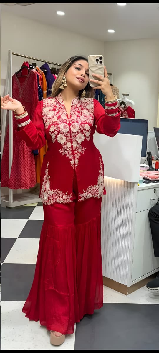 Multi-Thread Embroidery + Sequence Designer Top and Plazo Set