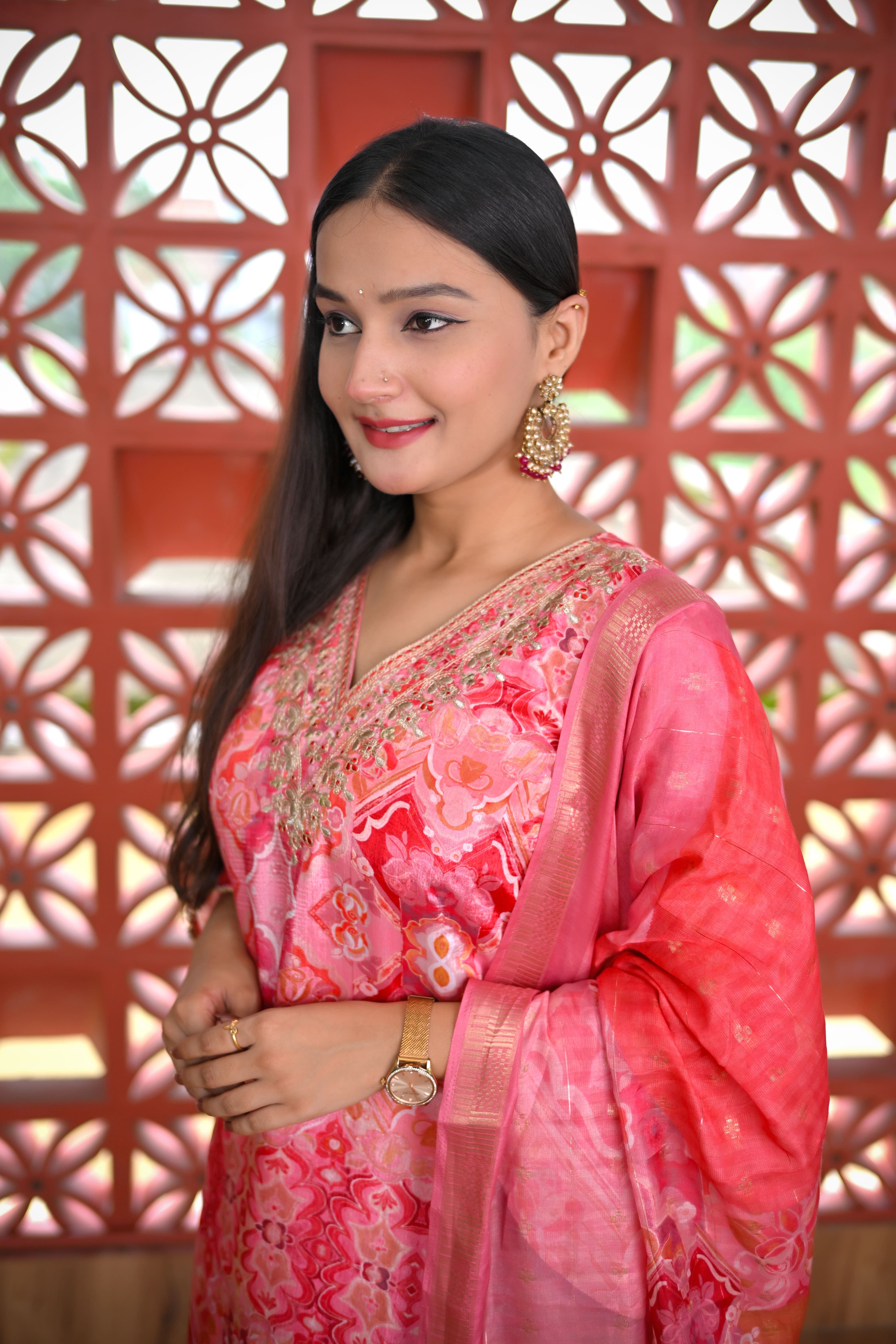 Semi-silk pastel pink kurta set