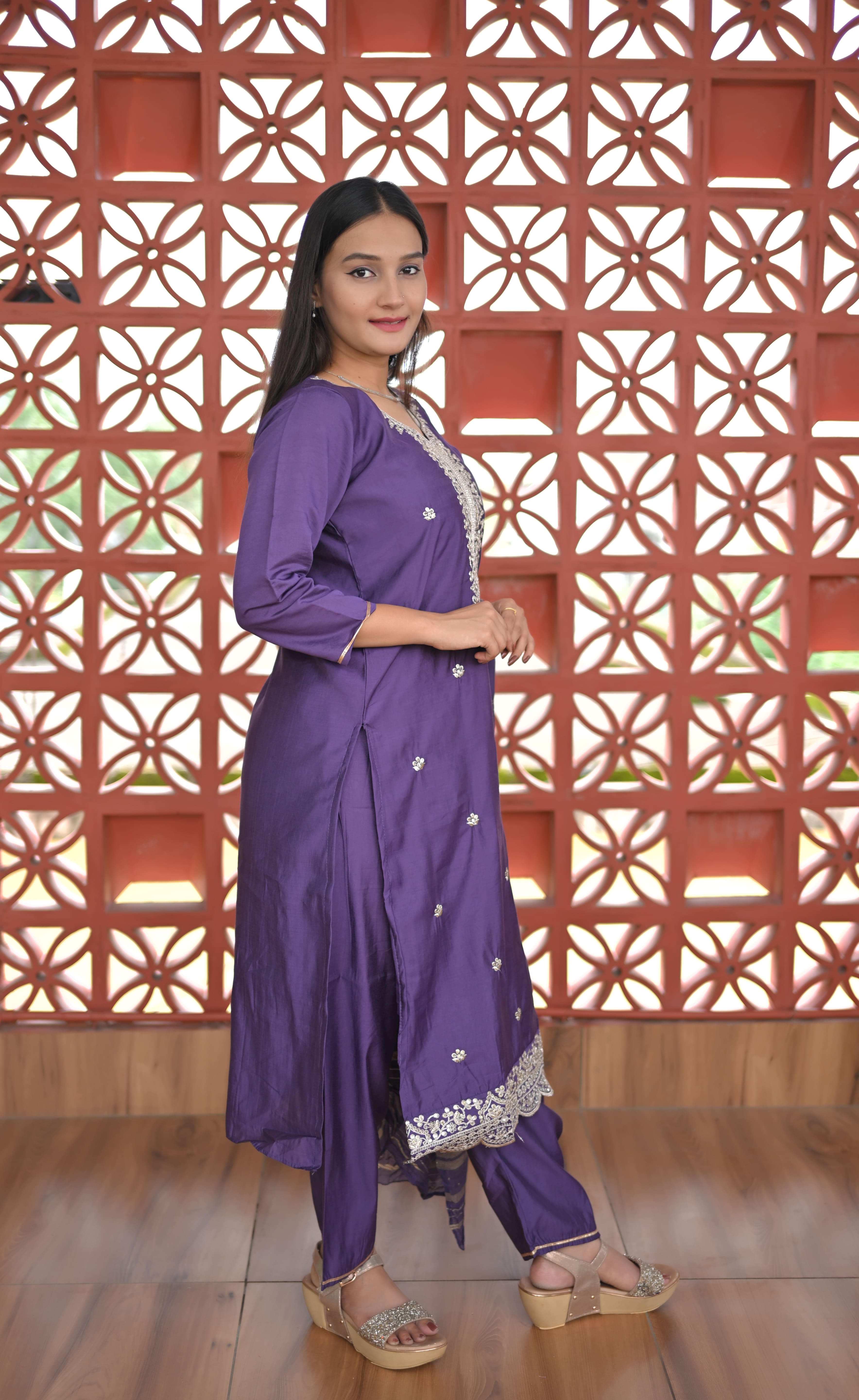Lavender yoke design kurta set