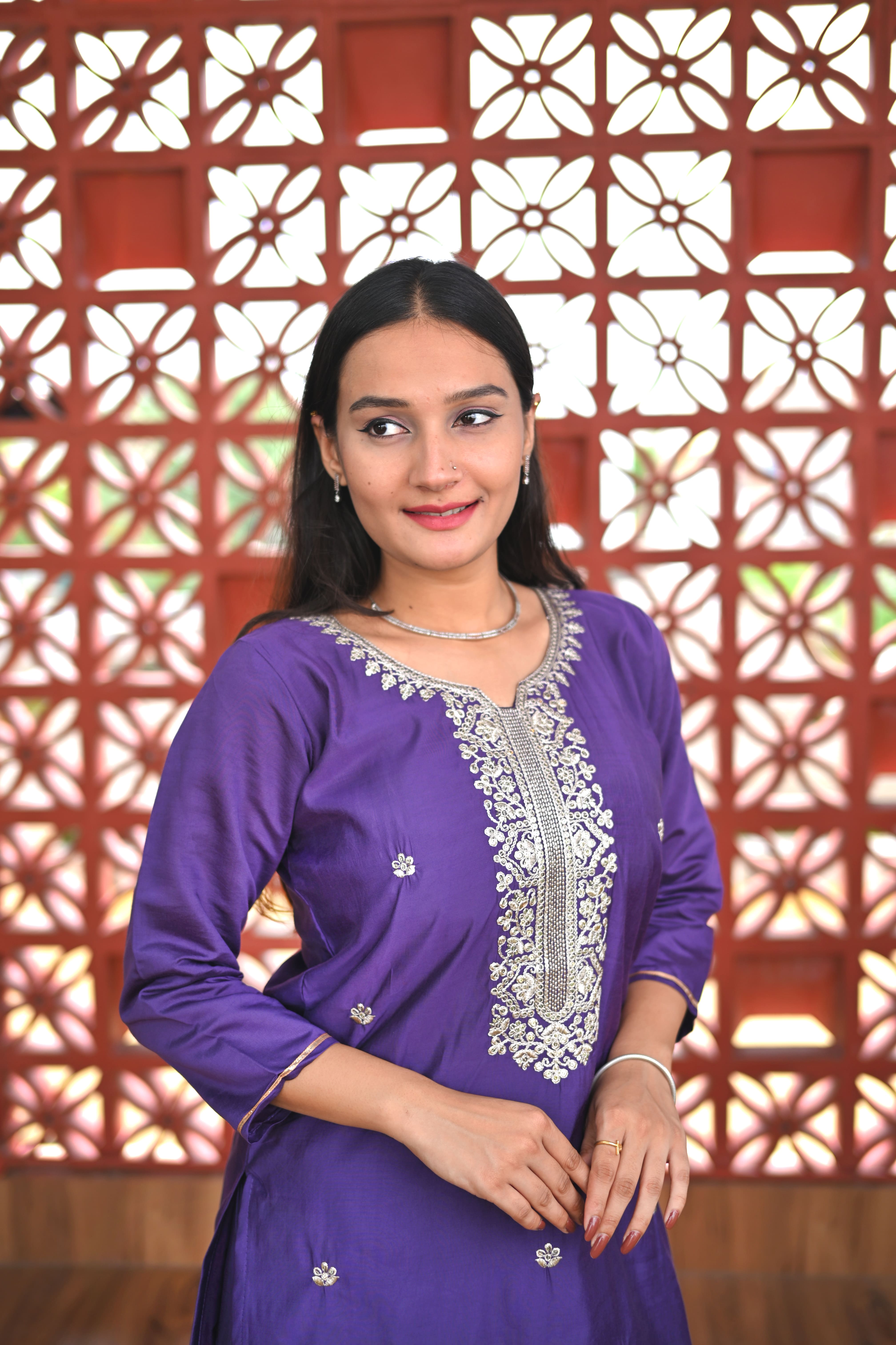 Lavender yoke design kurta set