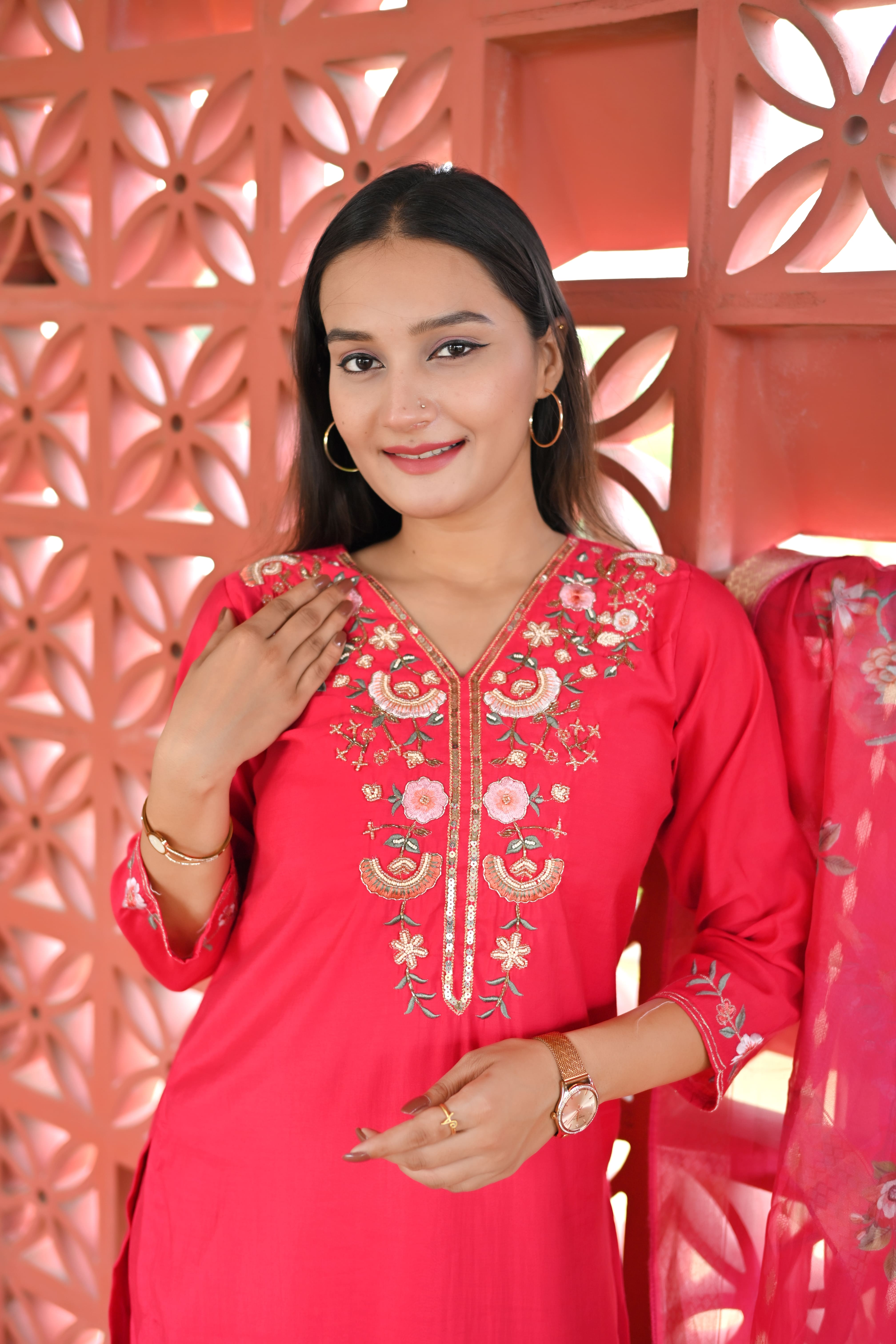 Feminine soft silk pink kurta set