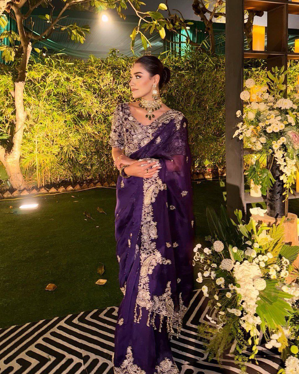 Heavy C-Pallu Sequence Coding Zari Embroidery work along With Fancy Butta Work On all Over Body with Cut Work